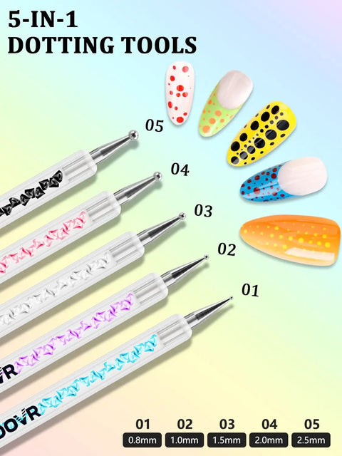 Pro Nail Art Tools Set For Press On Nails With Dual End Brushes And Dotting Tools 5-in-1 dotting tool sizes and designs