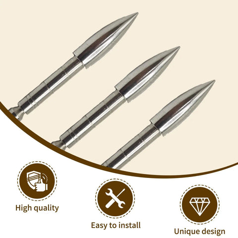 Close-up of stainless steel tips from the 12 Pack Stainless Steel Archery Field Points 80 100 120 Grain Practice Arrow Tips.