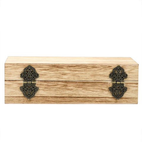 Antique Bronze Engraved Hinge Set 20 Pieces Hollow Carved Design For Jewelry Boxes on wooden box front view