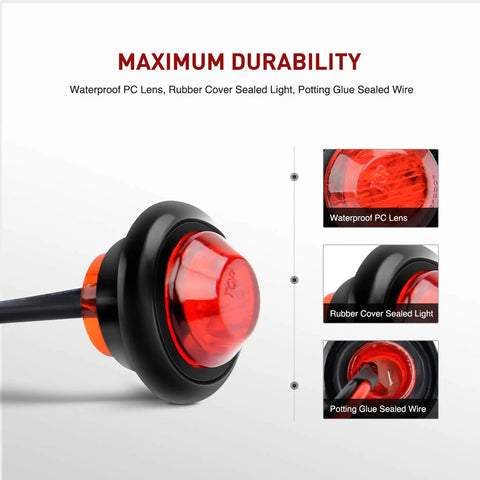 10 Pack 3/4 Inch Round LED Clearance Lights For Trucks RVs Cars Buses Trailers And Boats Front Rear Side Marker Indicator Bullets 12V Red 60 Lumen Output Surface Mount With Rubber Grommet Long Lasting