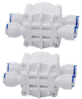 Pack Of 2 One Quarter Inch Automatic Shut Off Valve With Quick Connect Fittings For Reverse Osmosis Systems No Fuss Install Four Way Shutoff Auto Shutoff At Sixty Five Percent Tank Pressure Fits Most RO Units, white plastic RO valve