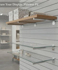 Heavy Duty Slotwall Shelf Brackets For 18mm Slatwall Channels, Silver Iron, supporting glass and wood shelves in retail display