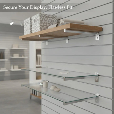 Heavy Duty Slotwall Shelf Brackets For 18mm Slatwall Channels, Silver Iron, supporting glass and wood shelves in retail display