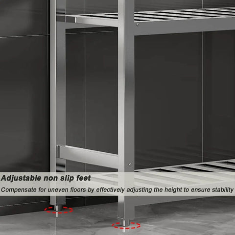Close-up of adjustable anti slip feet on Straight Up Sturdy Stainless Steel Shelving Rack With Adjustable Anti Slip Feet For Multi Tier Kitchen Organization And High Capacity Open Grid Storage Setup That Never Sags.