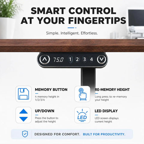 Control panel of the 63 By 30 Inch Heavy Duty Dual Motor Electric Standing Desk, featuring memory buttons and LED display.