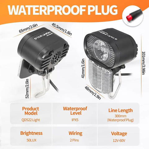 Night Rider Ready 50 Lumen LED Headlight For E Bikes And Scooters, 12V To 60V Compatible, Waterproof Red 2 Pin Plug With 470mm Wire, High Visibility Road And Trail Illumination For City Streets And Off Road Adventures