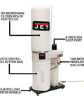 Heavy Duty Portable Shop Dust Collector Featuring 30 Micron Bag Filter And 1 Hp Motor For Dead Quiet Garage Cleanup And Smooth Man Cave Workflow Plus Four Grippy Rollin Casters with 4-inch dust port and caster wheels.