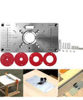 Rock Solid Aluminium Router Table Insert Plate With Precision Bushings and Aligning Rings for Woodworking Milling Trimming, includes red rings.