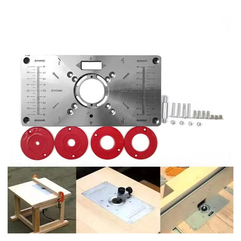 Rock Solid Aluminium Router Table Insert Plate With Precision Bushings and Aligning Rings for Woodworking Milling Trimming, includes red rings.