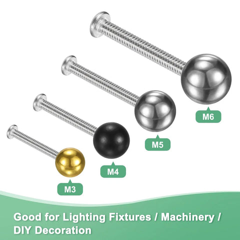 Four threaded ball nut knobs in chrome, black, and gold, labeled M3 to M6 for lighting fixtures, machinery, DIY decoration.