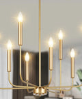 Gold 8 Light Farmhouse Chandelier With Modern Brass Candle Design for dining room, adjustable from 40 to 90 inches, 26 inch diameter