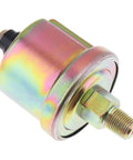 Close-up of rainbow-colored metal oil pressure sensor with threaded shank for automotive gauge kit