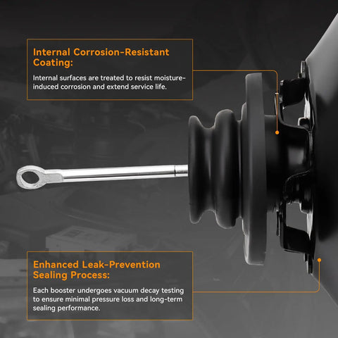 Close-up of 54-74823 Vacuum Power Brake Booster revealing internal corrosion-resistant coating and sealing detail for Chevy and Buick.