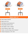Image shows 60 Piece Lever Wire Connector Nuts Kit with 2-port 35-pack and 3-port 25-pack, for stranded solid flexible wires.