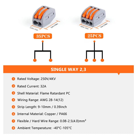 Image shows 60 Piece Lever Wire Connector Nuts Kit with 2-port 35-pack and 3-port 25-pack, for stranded solid flexible wires.