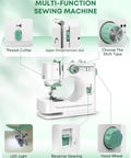 Solid Pick Portable Mini Sewing Machine For Beginners Featuring 12 Built In Stitches And Easy Hook Up Foot Pedal With A Complete 42 Piece Accessory Kit. Machine controls and features include thread cutter and hand wheel.