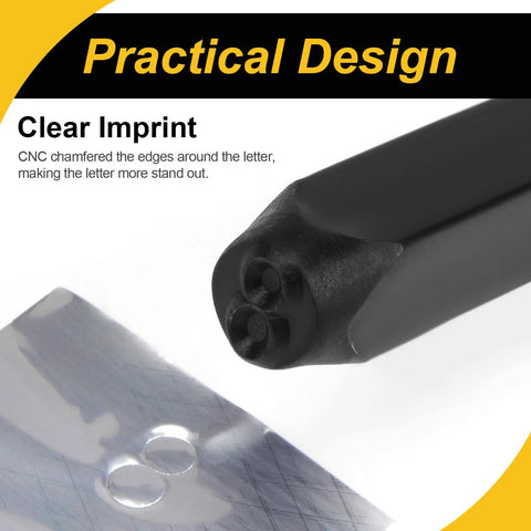 Close-up of Half Inch Metal Stamping Kit 36 Piece Steel Letter Stamp Set With Two Punch Tools, showing clear imprint on metal.