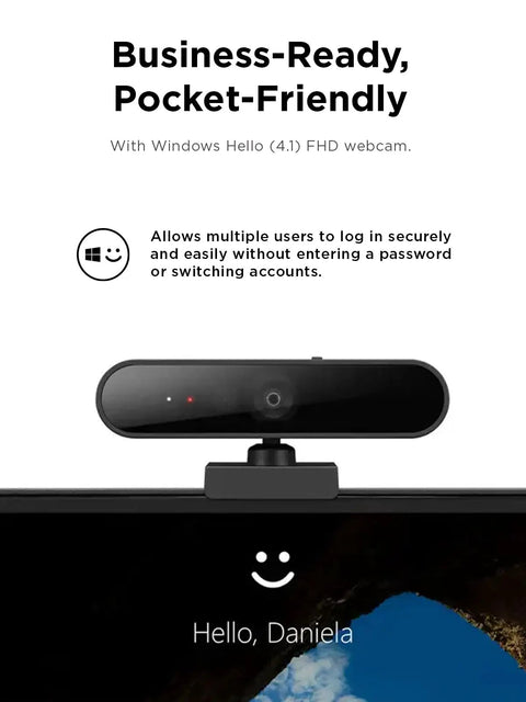 Straight Up 1080p FHD Webcam With USB C Connectivity And Windows Hello Face Login mounted on a black laptop screen displaying user login.