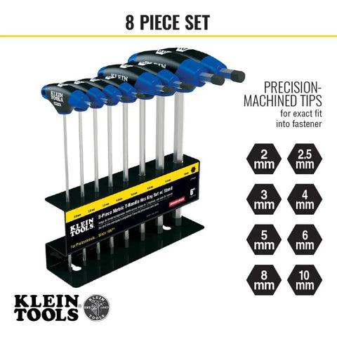 Eight-Piece T-Handle Hex Key Set With Six Inch Blades, Metric Allen Wrenches, Stand Included, Pro Grade Durability on display