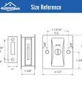 Diagram of Oil Rubbed Brass Privacy Sliding Door Lock With Pull, Reversible for Left or Right Handed Doors, fits 1-3/8 inch thick doors, 2-3/4 by 2-1/2 inch size for quick replacement.