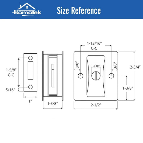 Diagram of Oil Rubbed Brass Privacy Sliding Door Lock With Pull, Reversible for Left or Right Handed Doors, fits 1-3/8 inch thick doors, 2-3/4 by 2-1/2 inch size for quick replacement.
