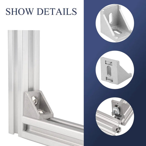 Legit 40x40 Aluminum Extrusion Hardware Kit Featuring 20 Corner Brackets; close-up of corner bracket on aluminum frame.