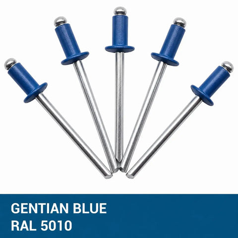 Pack Of 100 Painted Dome Head Pop Rivets 5/32 Inch By 5/16 Inch Aluminum Bodies Steel Mandrels Genuine Gentian Blue RAL 5010 Din 7337 Fasteners displayed in a fan layout.