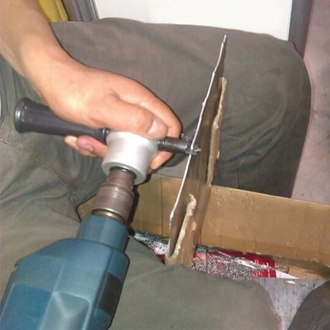 Double Head Sheet Metal Nibbler Cutter Drill Attachment Aluminum Alloy Precision Tool For Iron Pipe Tube Round Circle Cutting in use on metal.