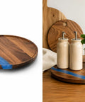 Solid Walnut Wood And Epoxy Resin Lazy Susan Turntable displaying blue resin in a circular tray, ideal for organization.