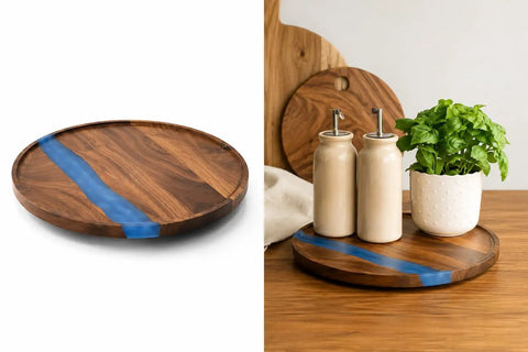 Solid Walnut Wood And Epoxy Resin Lazy Susan Turntable displaying blue resin in a circular tray, ideal for organization.