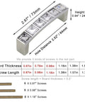 Diagram of U Shape Crystal Glass Diamond Rhinestone Cabinet Pulls 4 Pack with dimensions, screw sizes, and washers for installation