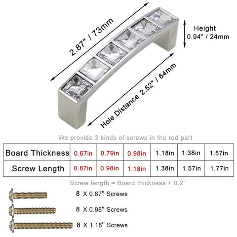 Diagram of U Shape Crystal Glass Diamond Rhinestone Cabinet Pulls 4 Pack with dimensions, screw sizes, and washers for installation