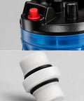 Close-up of Rock Solid 3 Pack 20 Inch Water Filter Housing's blue chamber and white connector for high flow water systems.