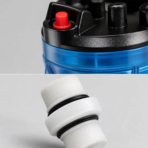 Close-up of Rock Solid 3 Pack 20 Inch Water Filter Housing's blue chamber and white connector for high flow water systems.