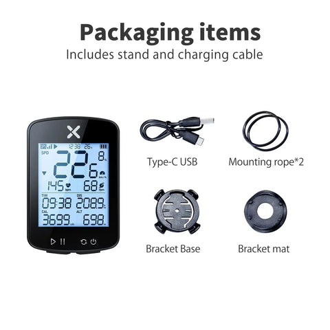 Gen2 GPS Ride Ready Bike Computer With Mount, 2.2 Inch Display, Bluetooth speedometer, USB cable, mounting accessories shown
