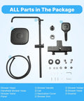 Thermostatic Shower System With Tub Spout And 9 Inch Rain Shower Head Plus 3 Setting Handheld Sprayer Wall Mounted Slide Bar Mixer In Black Finish For Modern Bathroom parts displayed on a blue background