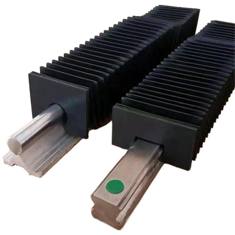 Universal Rail Dust Cover Bellows For Linear Guide Rails 12 16 20 25 30 800mm length showing close up of black bellows on metal rails.