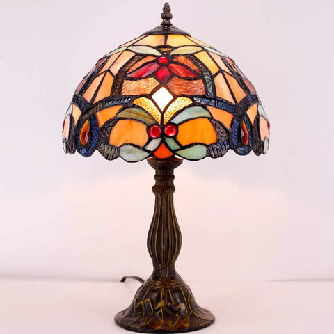 Orange Stained Glass Flower Tiffany Style Table Lamp For Reading Desk And Bedside Use 12 Inch Wide Shade 18 Inch Tall