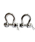 Heavy Duty Marine Grade Bow Shackles Built Tough From 316 Stainless Steel For Real Saltwater Resistance And Hard Core Boat Rigging Gear 3/8 Inch 2 Pack, showing two shiny shackles with safety pins.