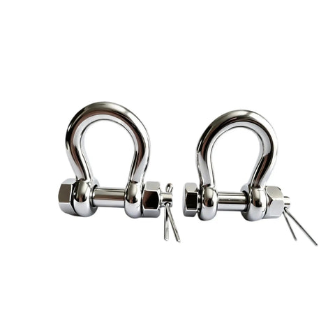 Heavy Duty Marine Grade Bow Shackles Built Tough From 316 Stainless Steel For Real Saltwater Resistance And Hard Core Boat Rigging Gear 3/8 Inch 2 Pack, showing two shiny shackles with safety pins.