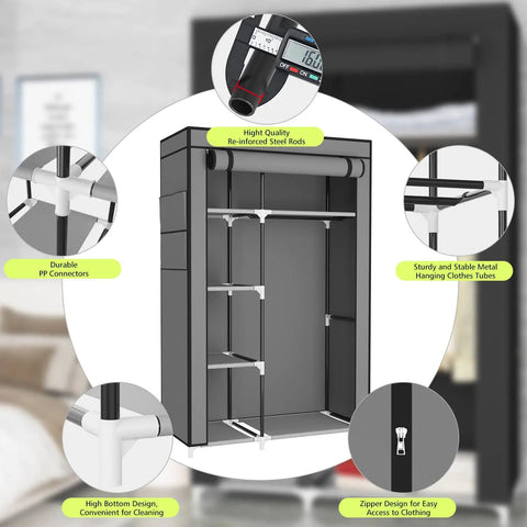 Diagram of Portable Closet Wardrobe With Fabric Shelves And Dustproof Non Woven Fabric Cover, featuring steel rods and connectors.