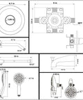 Technical drawing of Brushed Nickel 3 Way Shower System With Rainfall Head And Handheld Tub Spout And Valve Diverter