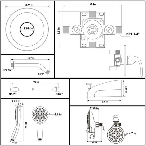 Technical drawing of Brushed Nickel 3 Way Shower System With Rainfall Head And Handheld Tub Spout And Valve Diverter