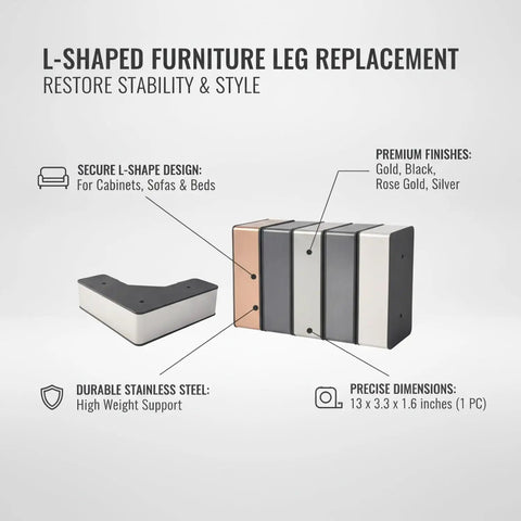 L Shaped Furniture Leg Replacement With Stainless Steel Support For Sofas Cabinets And Bed Frames Quick Install No Fuss Durable Leveling Leg For Repair Of Broken Or Missing Supports 13 By 3.3 By 1.6 Inches shown in various finishes