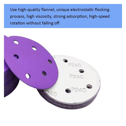 100 Pack 5 Inch 6Hole Alumina Sanding Discs With Super Sticky Hook And Loop Backing Ceramic Abrasive Pads For Metal Wood Projects shown in purple and white.