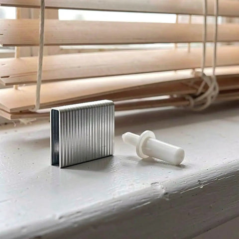 30 Piece Blind Slat Repair Kit With Spring Loaded Snap In Louver Pins Hella Easy Fix For Damaged Wood Window Blinds on table