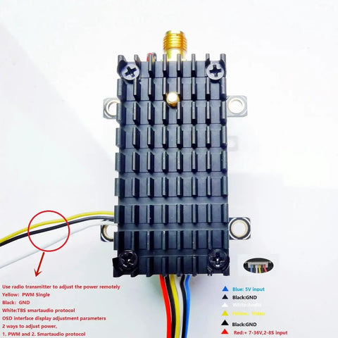 Top view of Beefed-Up 5.8 Gigahertz 2000mW FPV Transmitter For Drones With 20km Range 8-Channel Video TX With 5dBi SMA Antenna