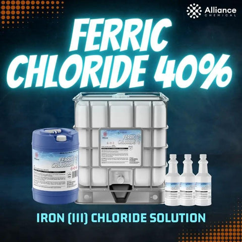 Ferric Chloride Forty Percent Etchant For Copper And Circuit Boards, industrial containers of varying sizes displayed.