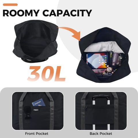 Open view of Underseat Travel Duffel Bag 18x14x8 Inches, 30L Personal Item Carry On with shoulder strap, showing interior and pockets.