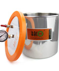 BACOENG 3-Gallon stainless steel vacuum degassing chamber with orange lid and pressure gauge.